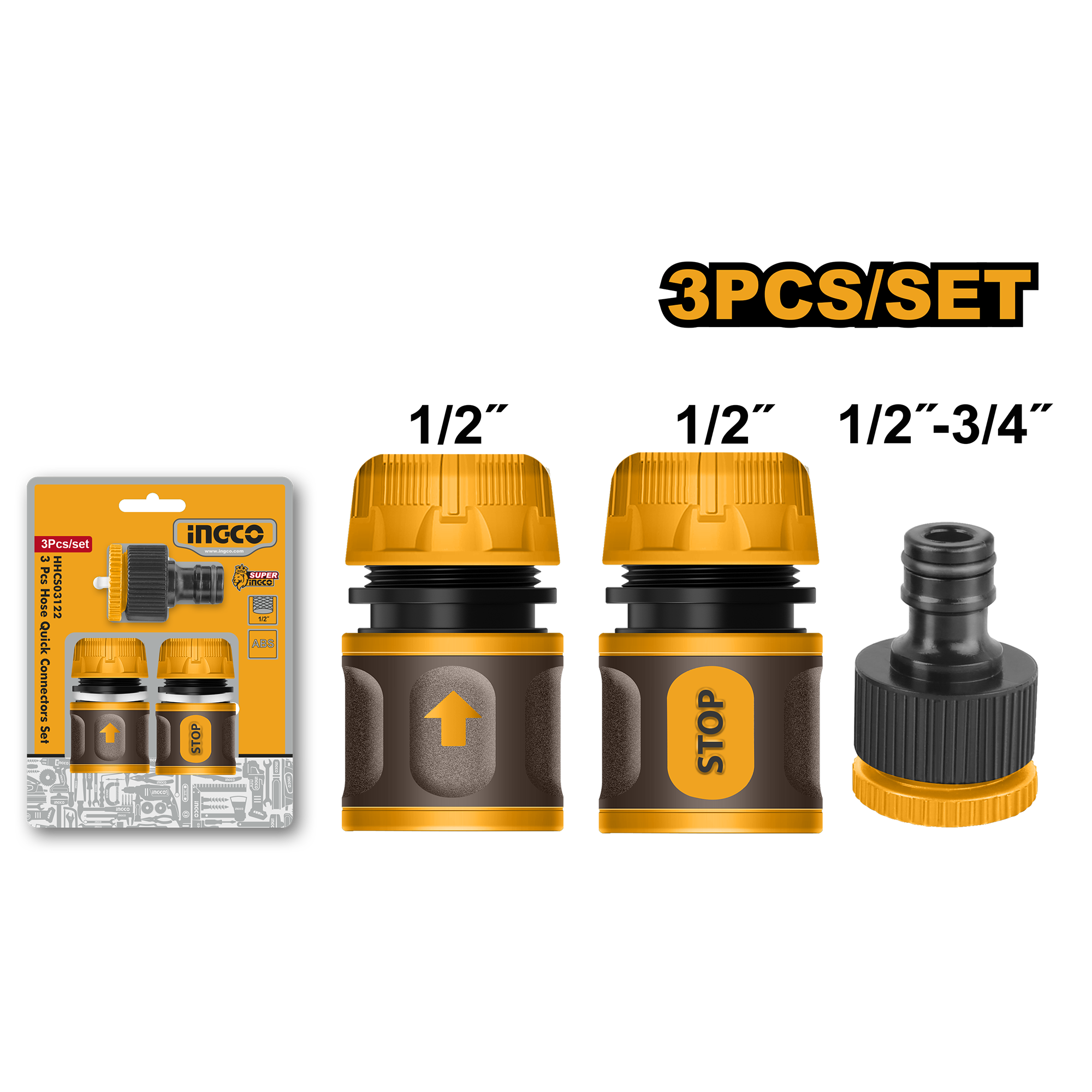 Hose quick connectors set 3pcs - HHCS03122 - INGCO