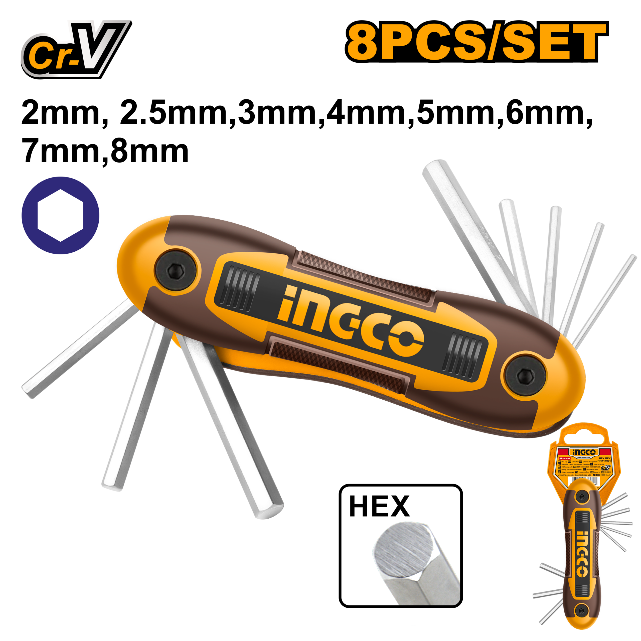 Hex key 2mm 8mm 8pcs - HHK14081 - INGCO
