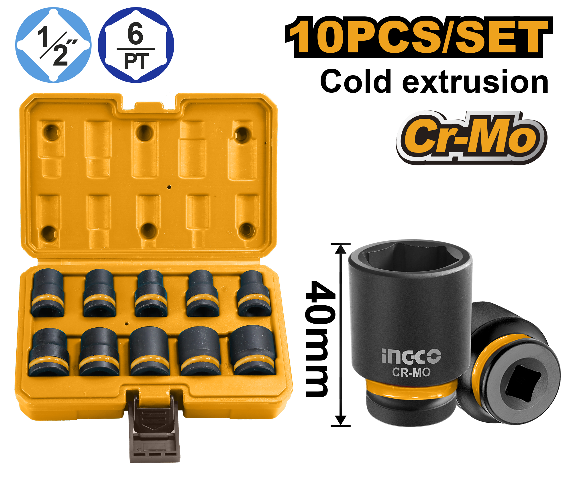10Pcs 1 2 dr. impact socket set - HKISSD12101 - INGCO