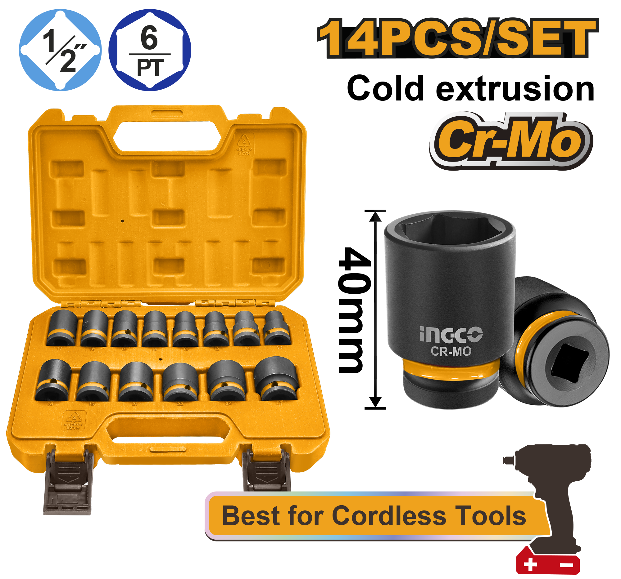 14Pcs 1 2dr impact socket set - HKISSD12141 - INGCO