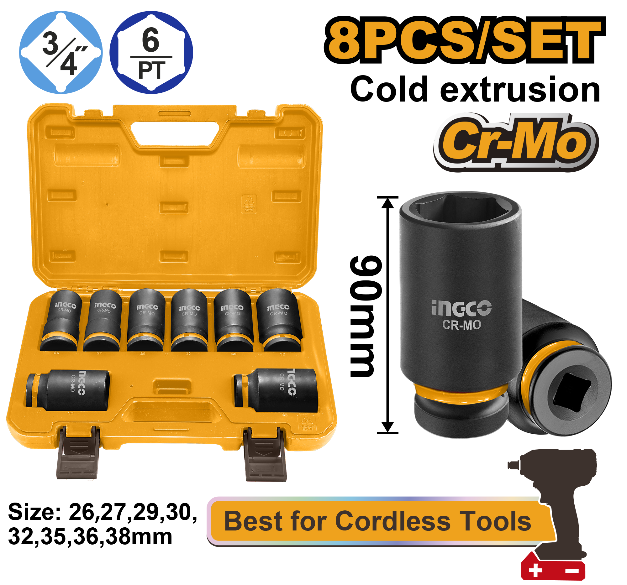 8Pcs 3 4 dr deep impact socket set - HKISSD34082L - INGCO