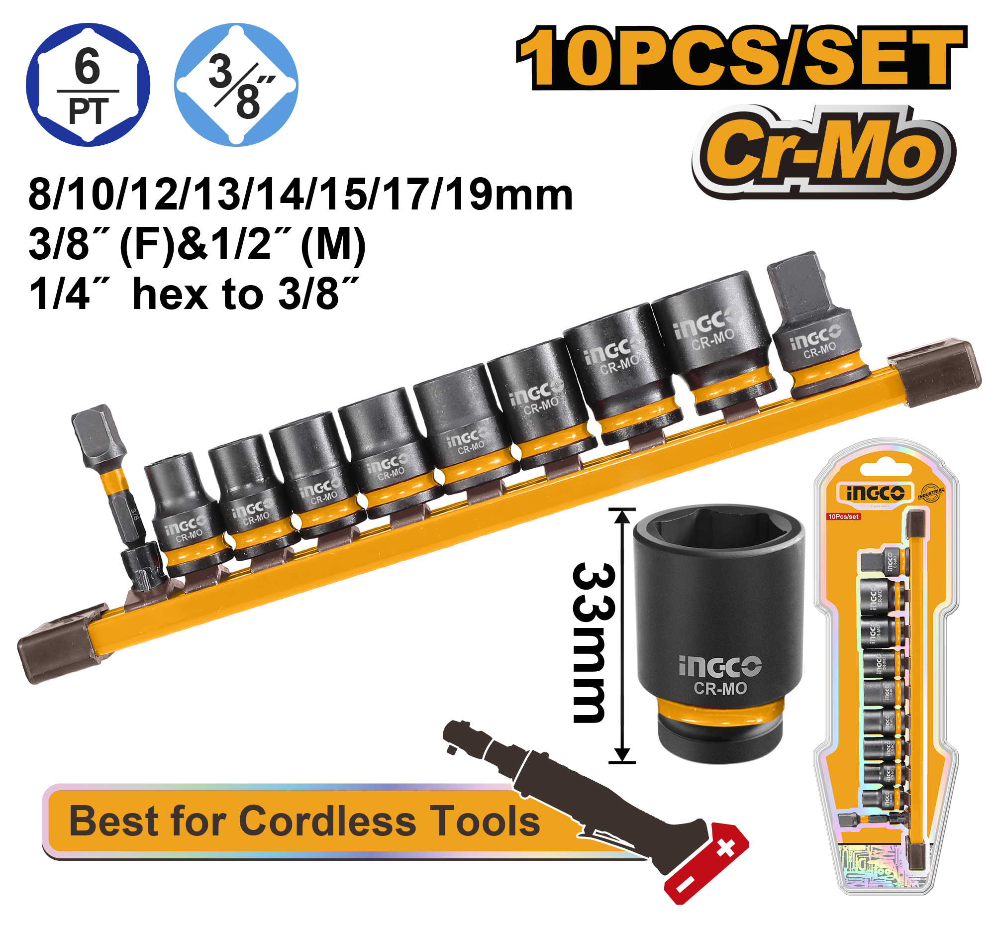 10Pcs 3 8dr impact socket set - HKISSD38104 - INGCO