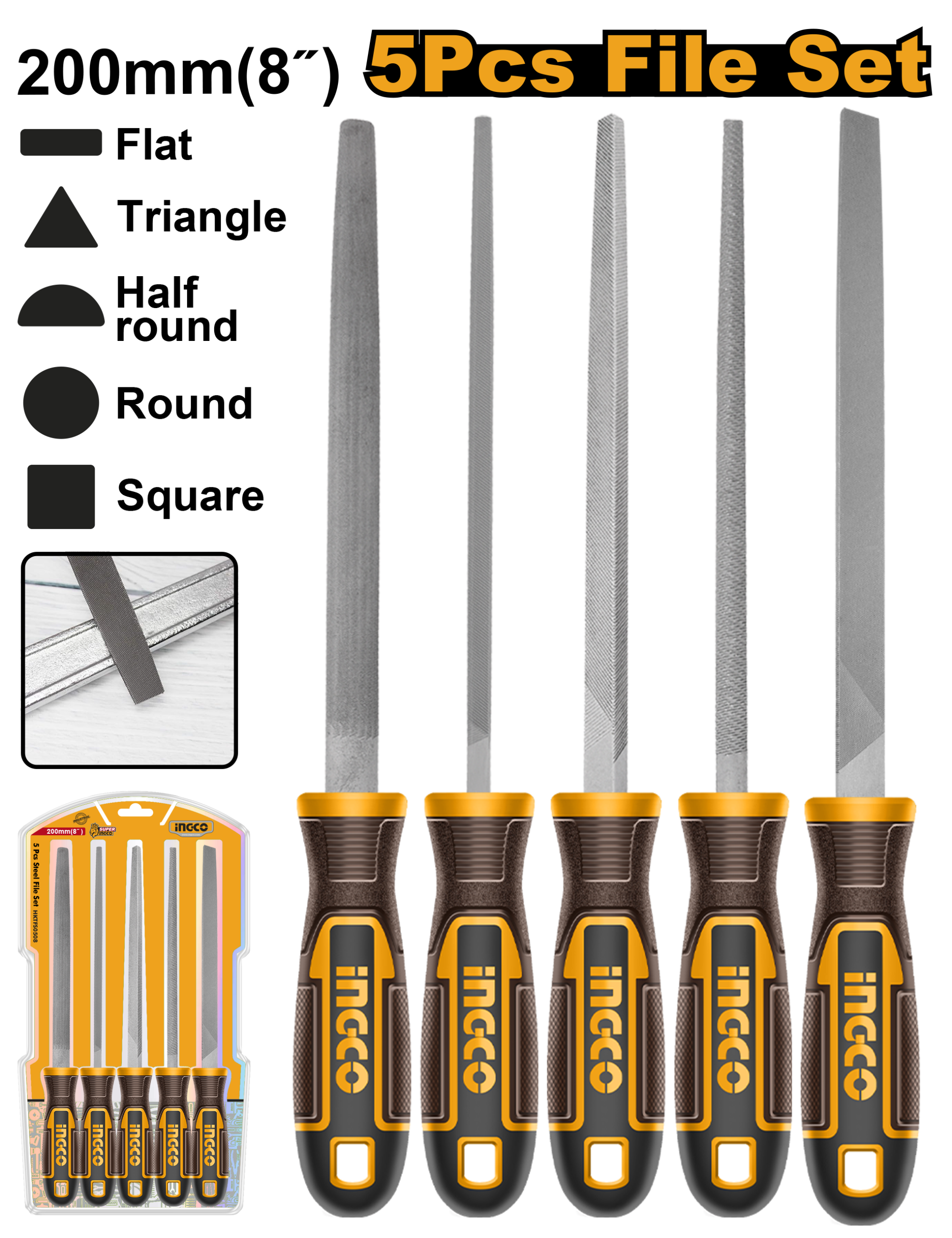 5Pcs steel file set 8x200mm - HKTFS0508 - INGCO