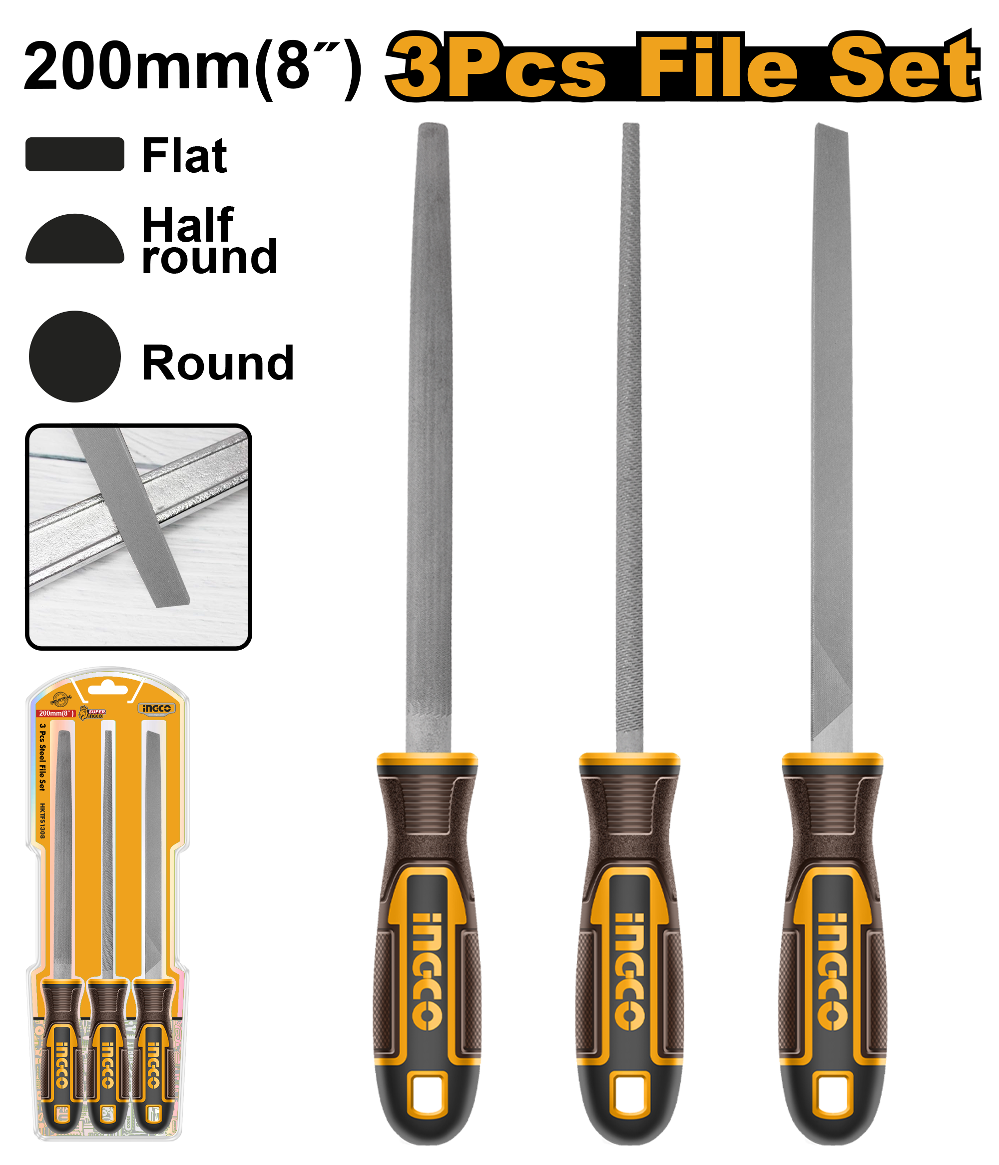 3 Pcs steel file set - HKTFS1308 - INGCO