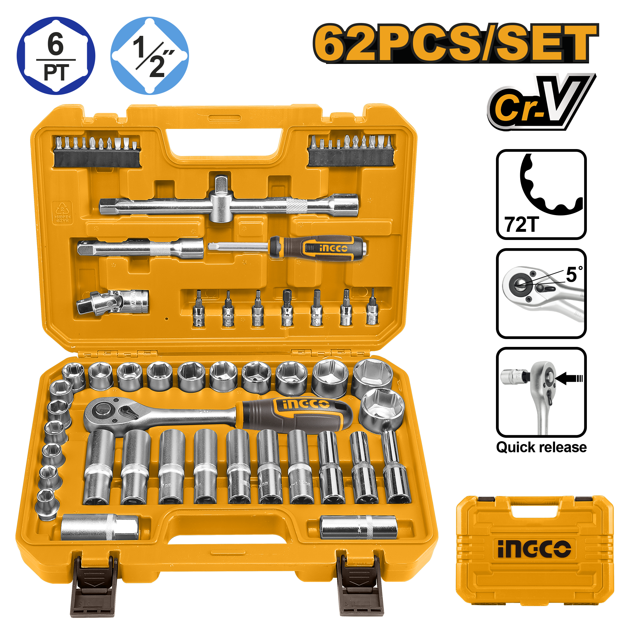 62Pcs 1 2 socket set - HKTS12602 - INGCO