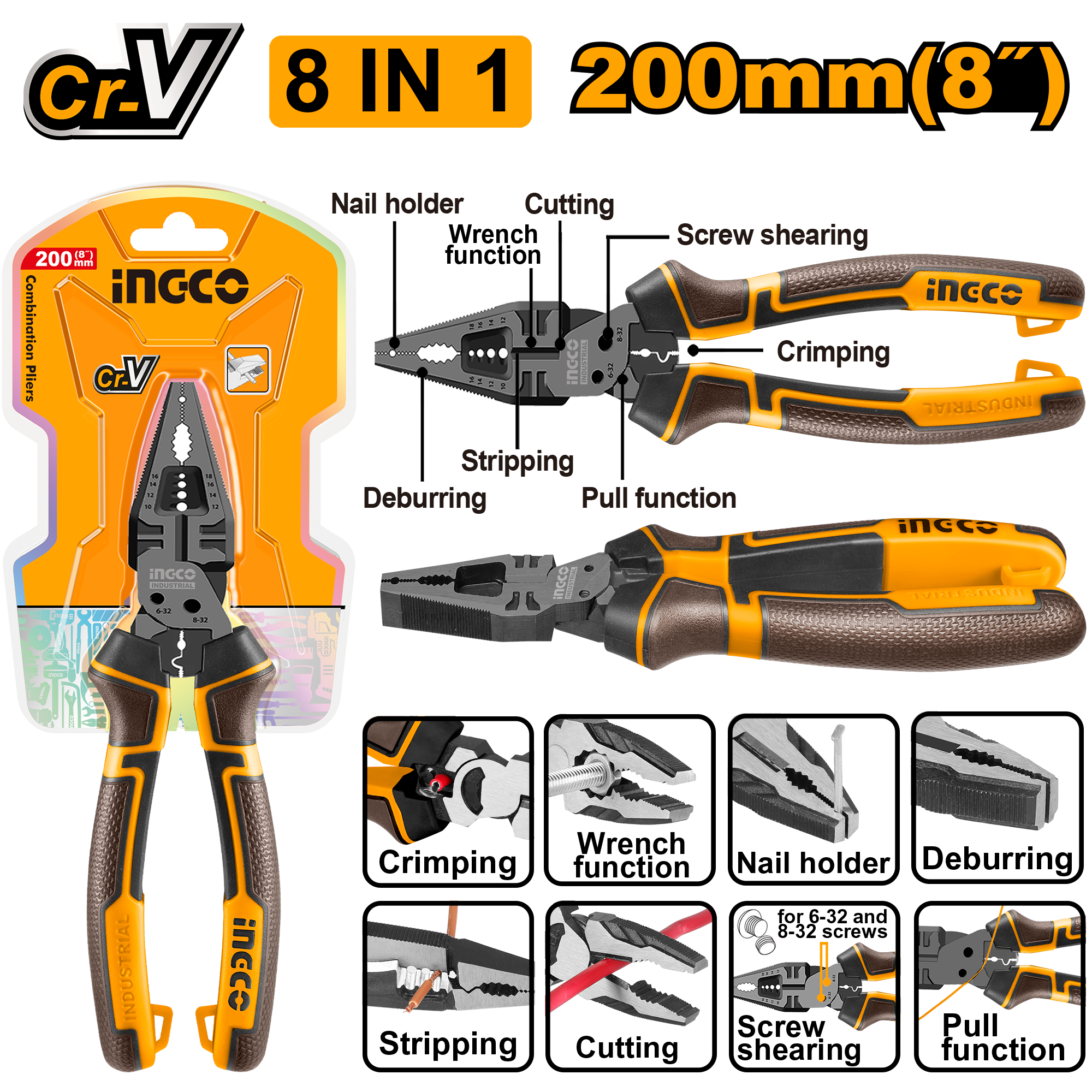 8 In 1 multi function combination pliers 200mm - HMFCP28200 - INGCO