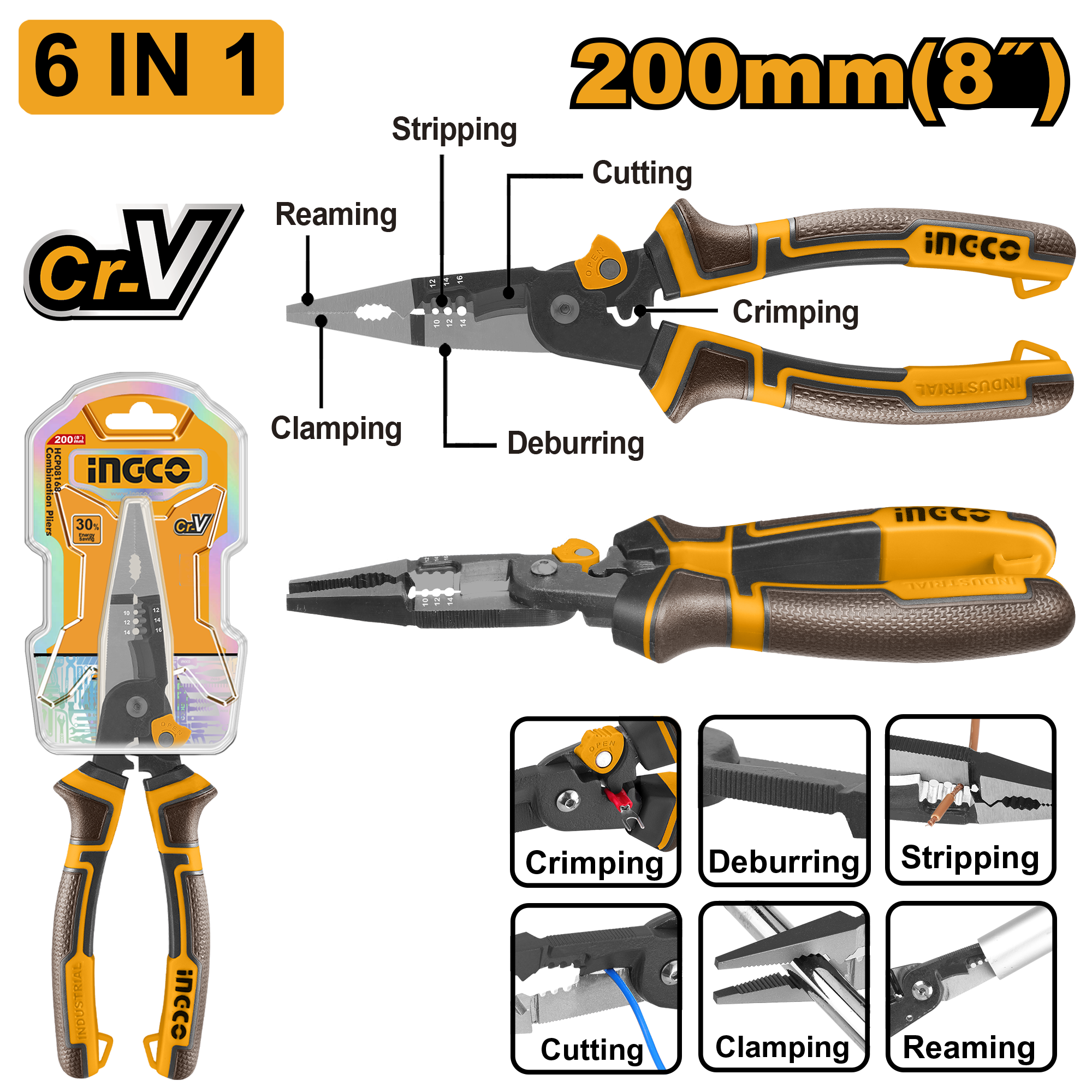 6 In 1 multi function long nose pliers 200mm - HMFLNP28200 - INGCO