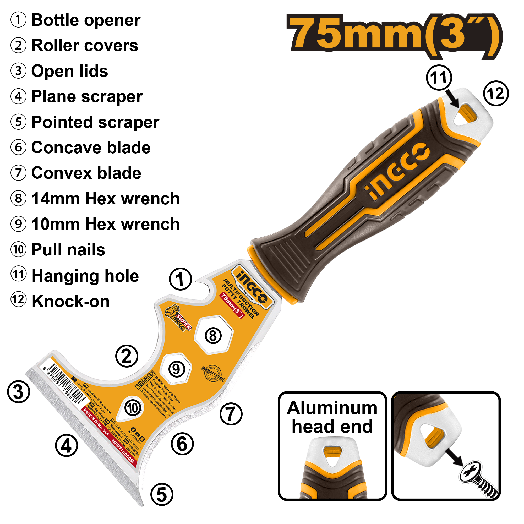 Multifunction putty trowel 75mm - HPUT18060M - INGCO