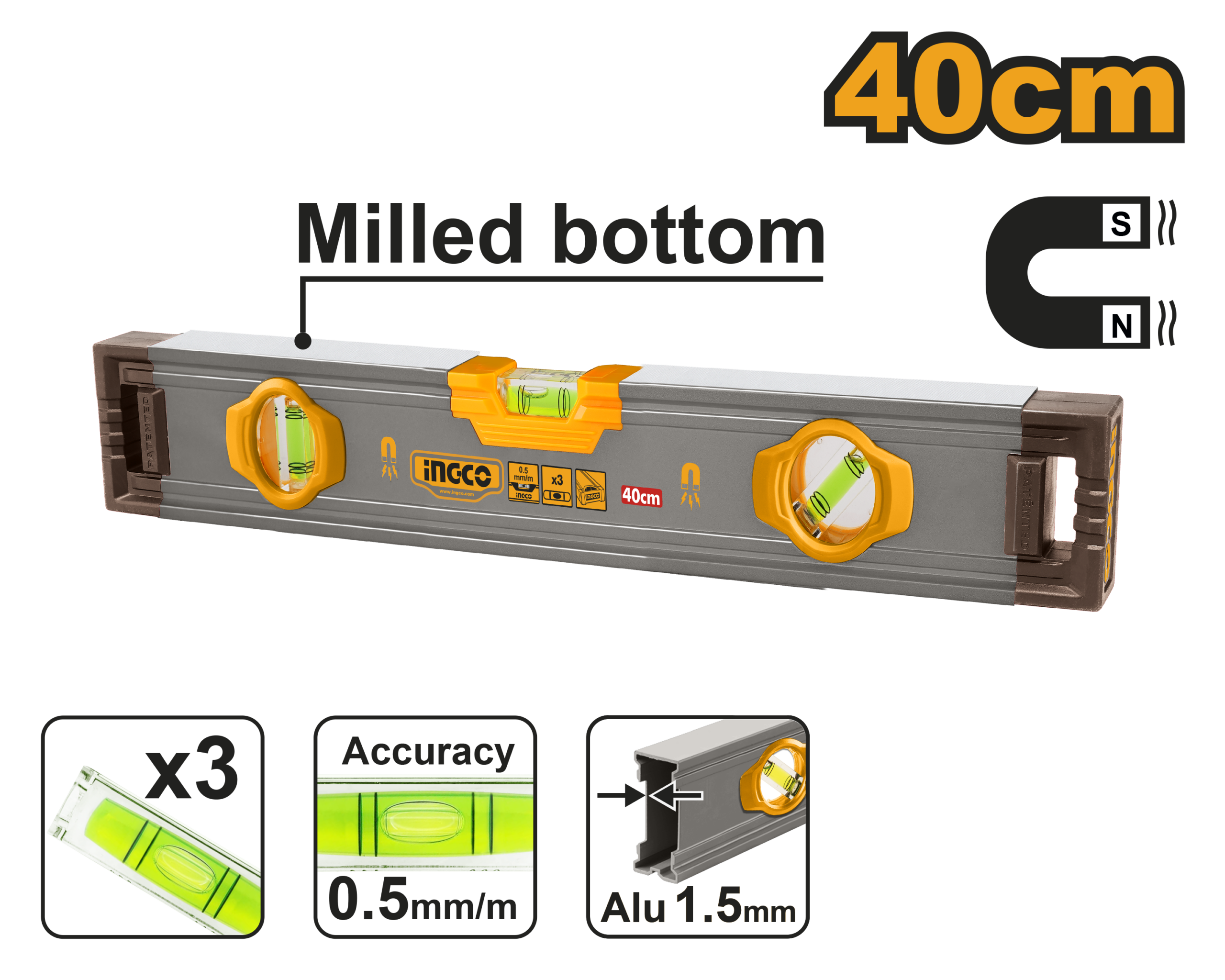 Spirit level with powerful magnets 40cm - HSL38040M - INGCO