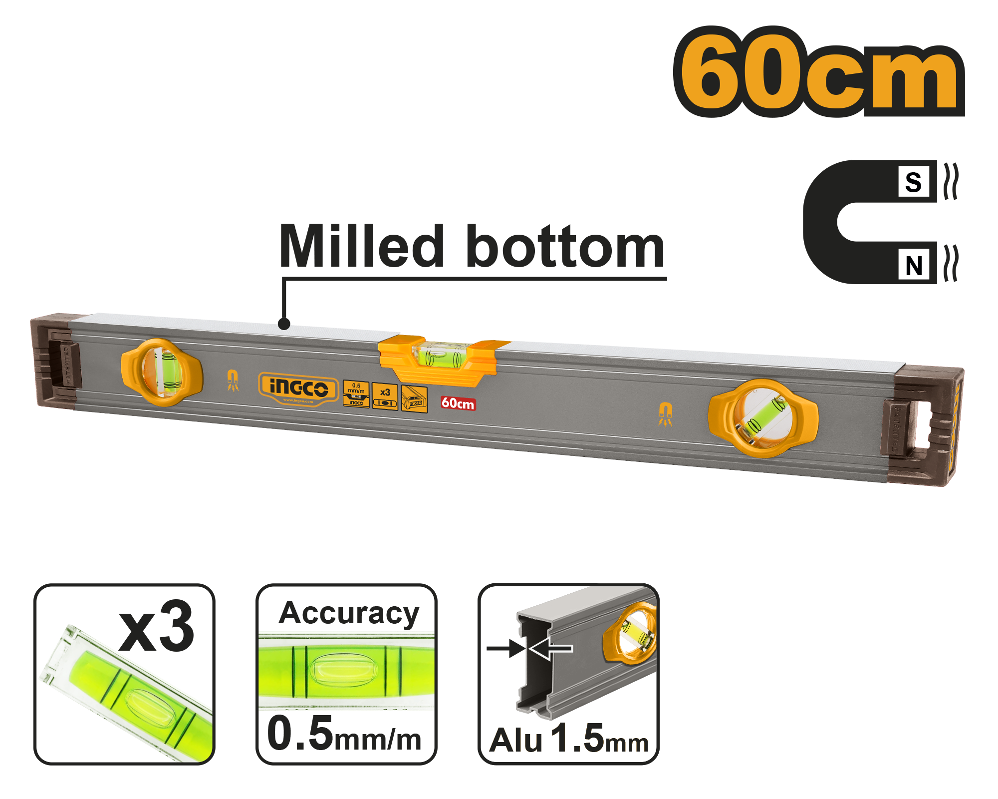 Spirit level with powerful magnets 60cm - HSL38060M - INGCO