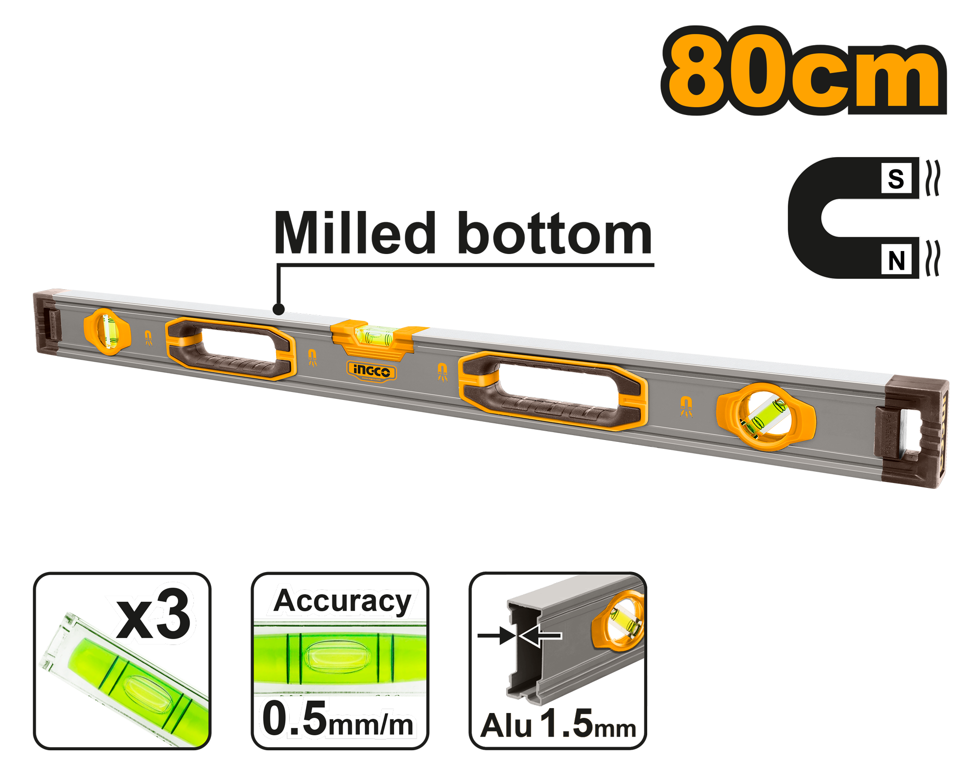 Spirit level with powerful magnets 80cm - HSL38080M - INGCO