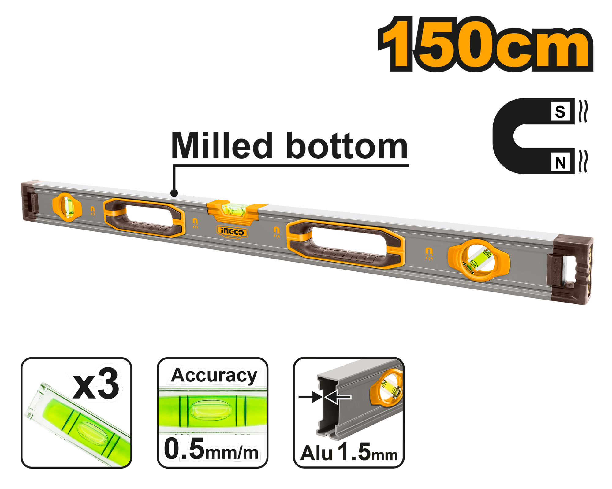 Spirit level with powerful magnets 150cm - HSL38150M - INGCO
