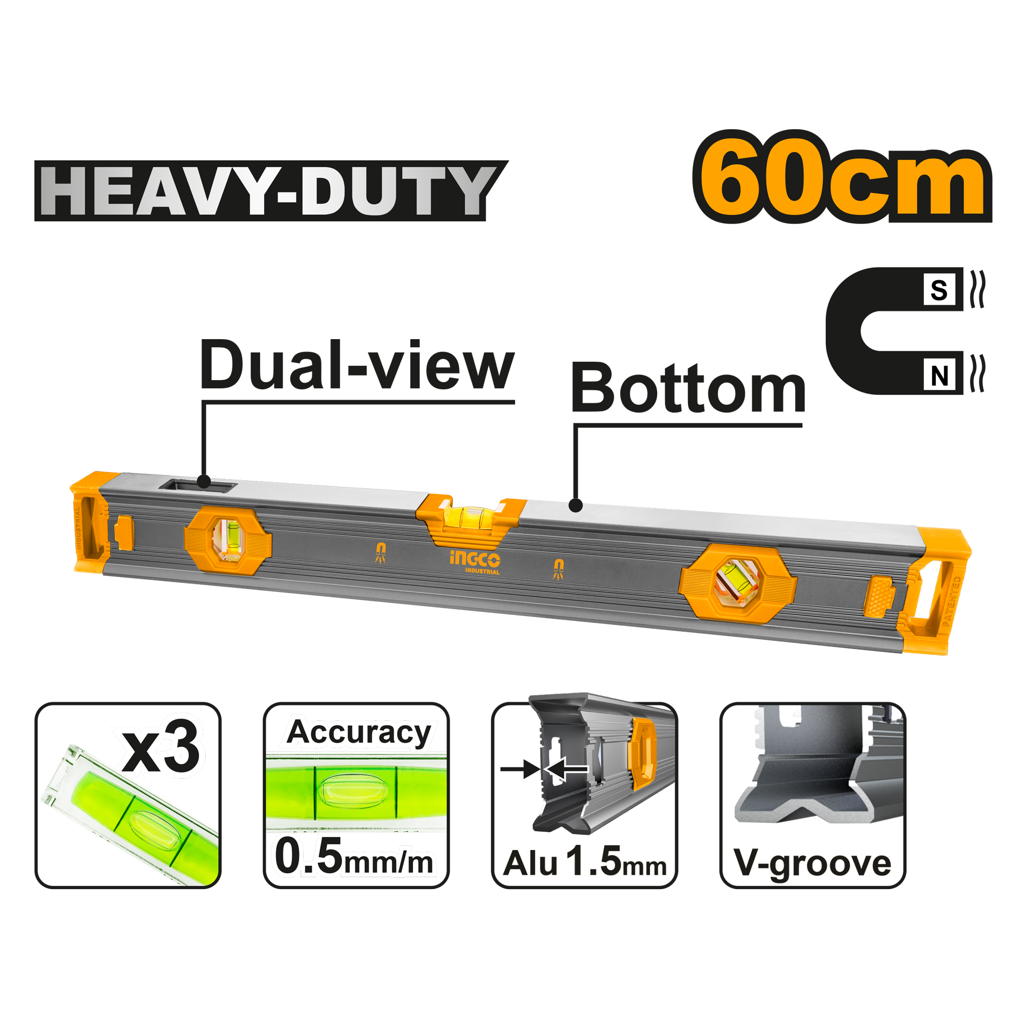 Heavy duty spirit level with powerful magnets 60cm 780g - HSL68060 - INGCO