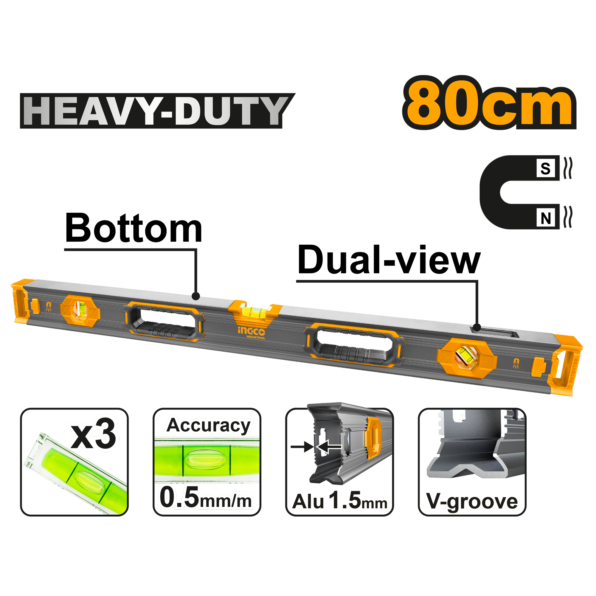 Heavy duty spirit level with powerful magnets 80cm 970g - HSL68080 - INGCO