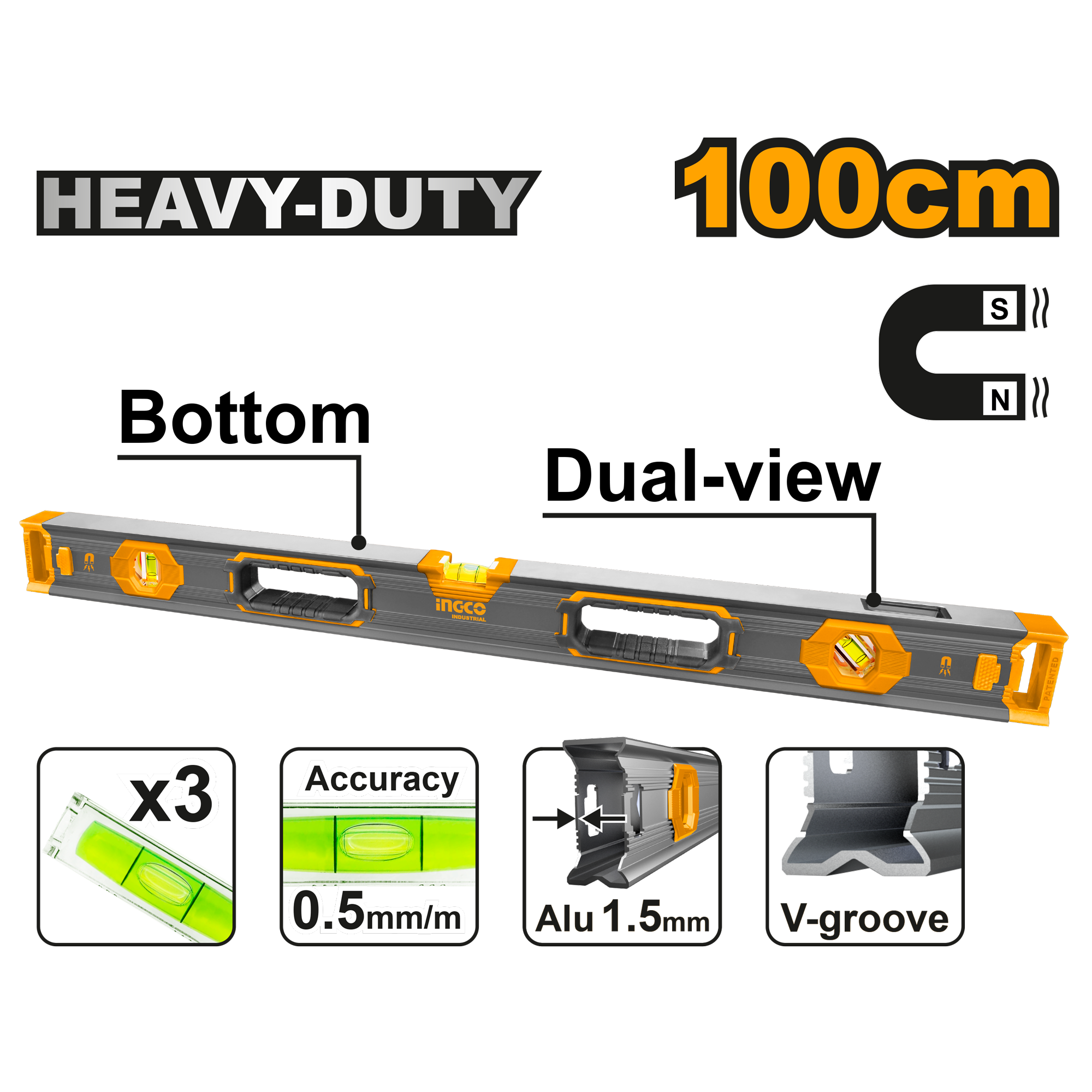 Heavy duty spirit level with powerful magnets 100cm 1225g - HSL68100 - INGCO
