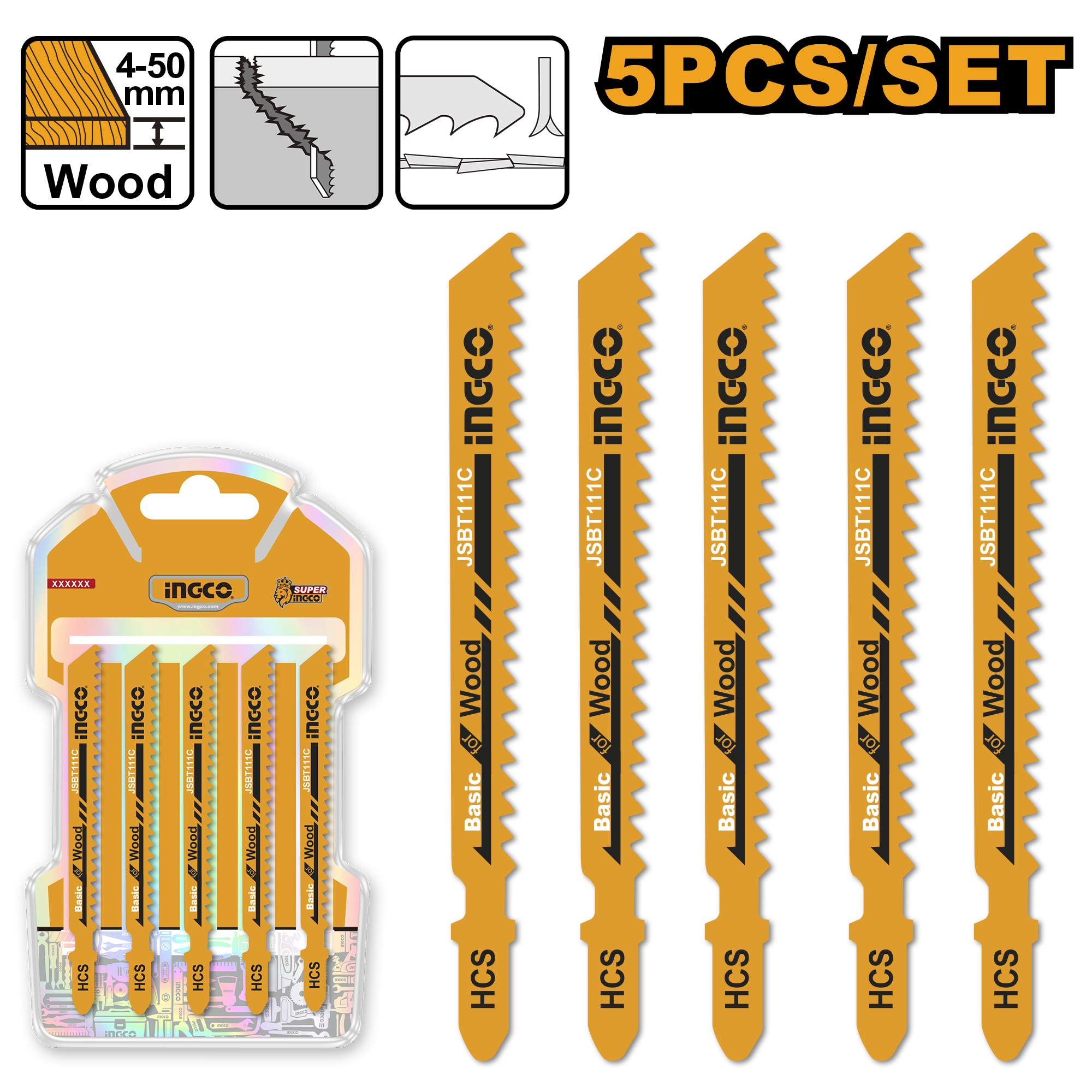 5Pcs jig saw blade for wood - JSBT111C - INGCO