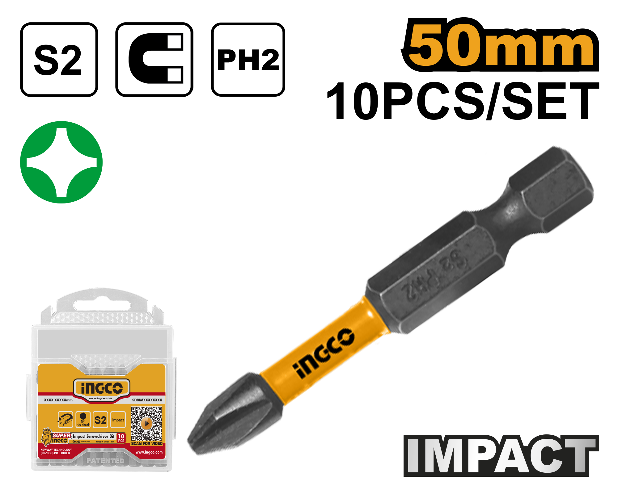 10Pcs impact screwdriver bits 50mm - SDBIM11PH223 - INGCO