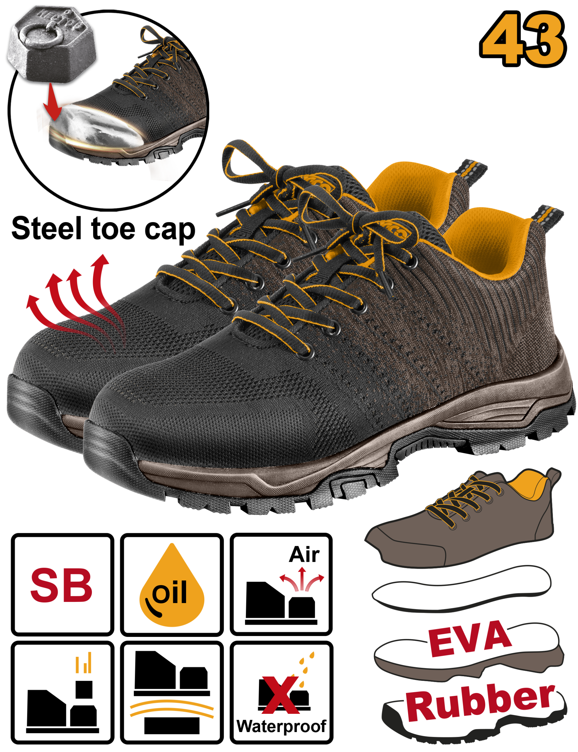 Safety shoes with steel toe cap no43 - SSH82SB.43 - INGCO