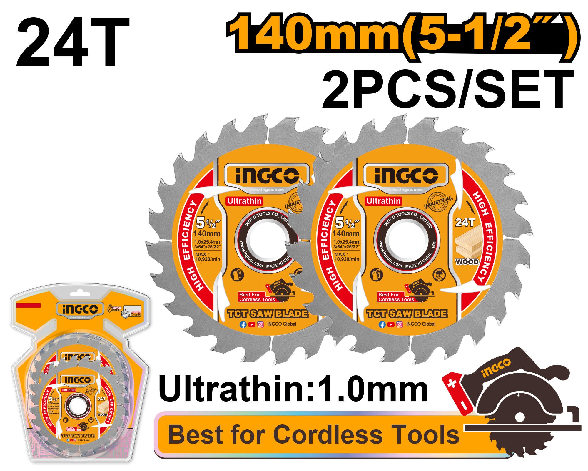 2Pcs ultra thin tct saw blade set 140mm - TSB1403 - INGCO