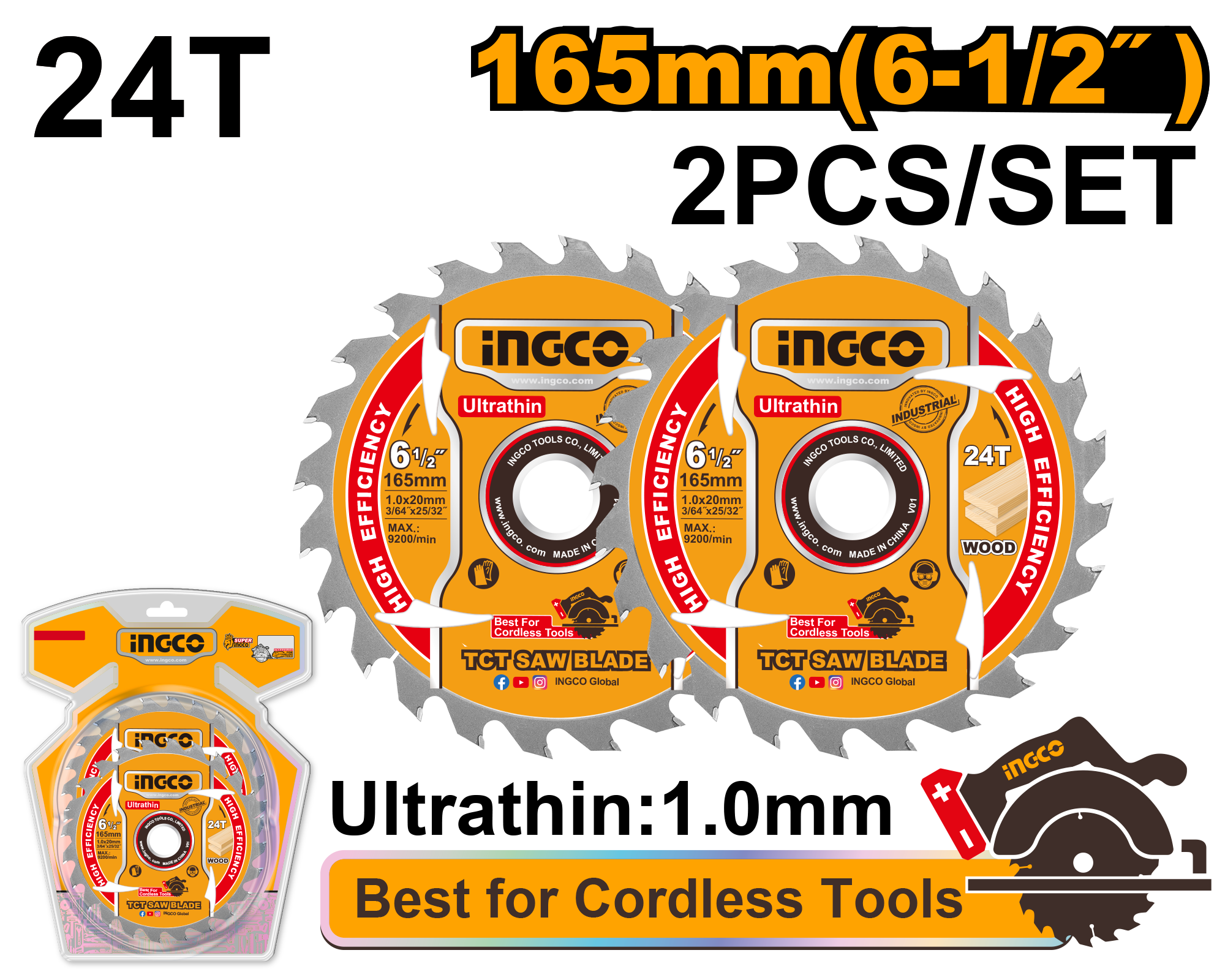 2Pcs ultra thin tct saw blade set 165mm - TSB1653 - INGCO