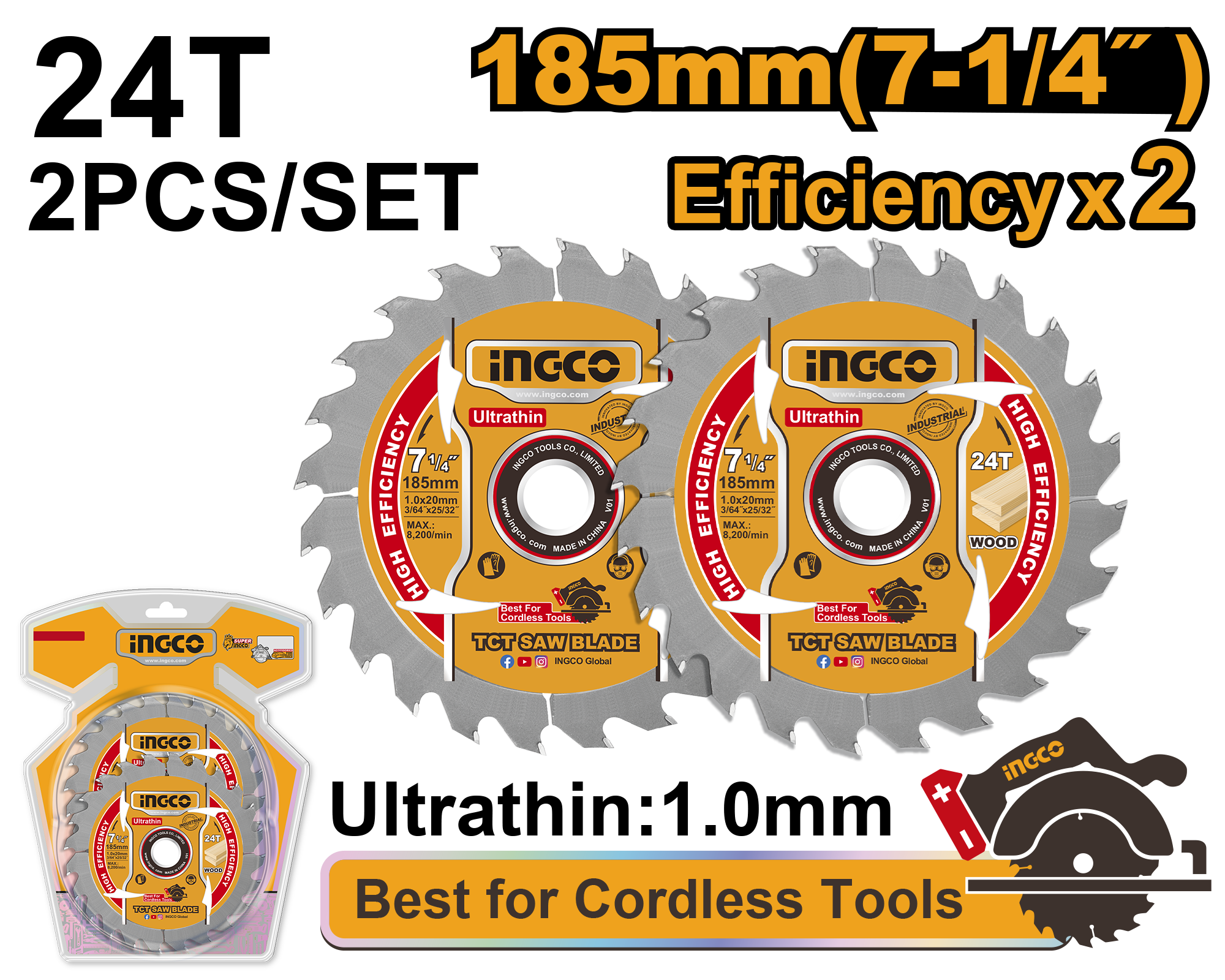 2Pcs ultra thin tct saw blade set 185mm - TSB1853 - INGCO