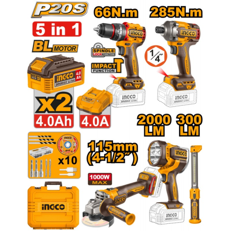 Σετ 5 ασύρματων εργαλείων 20V (Brushless Combo Kit) - COSLI250692E – INGCO