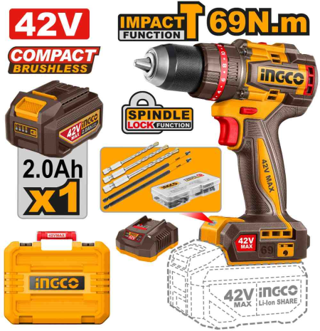Compact Brushless Cordless Impact Drill 42V Set - CIDLI426981E - INGCO
