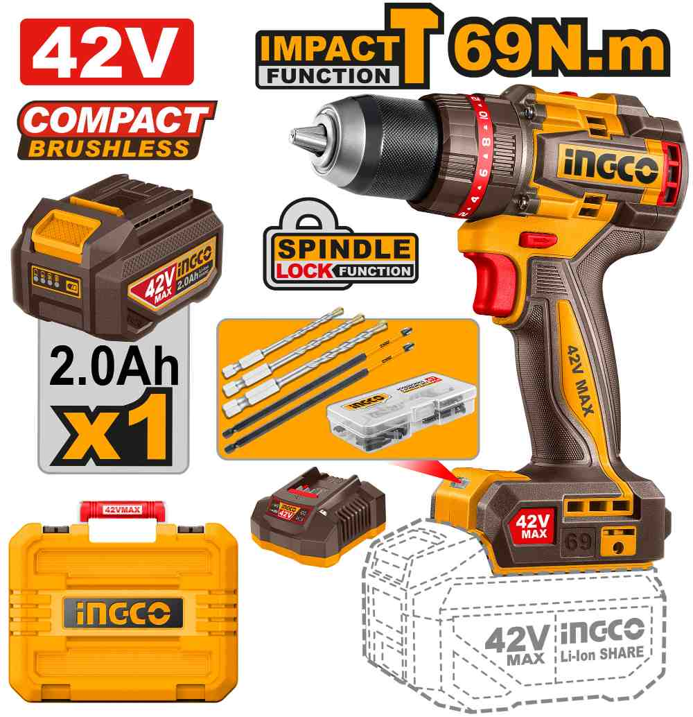 Compact Brushless Cordless Impact Drill 42V Set - CIDLI426981E - INGCO