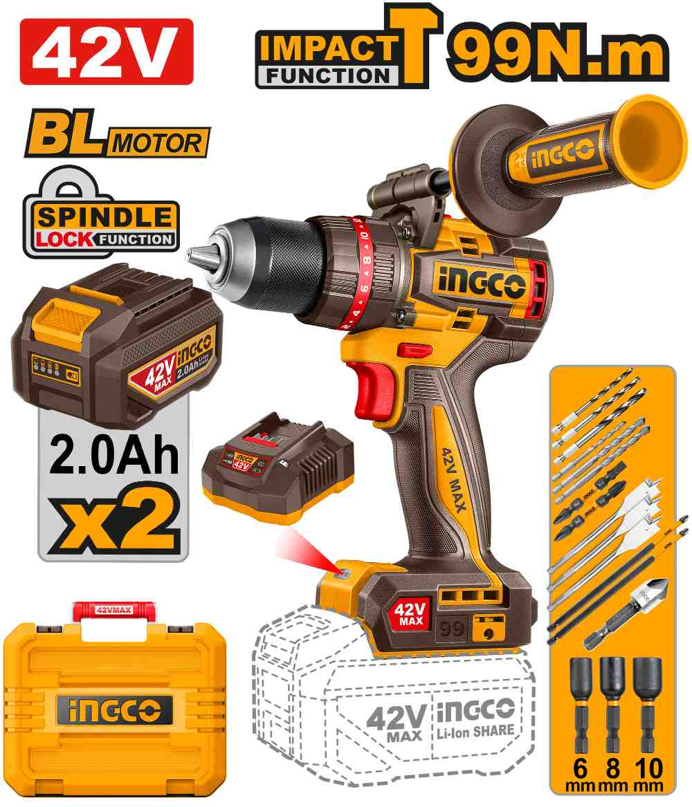Brushless cordless impact drill 42V Set - CIDLI429982E - INGCO