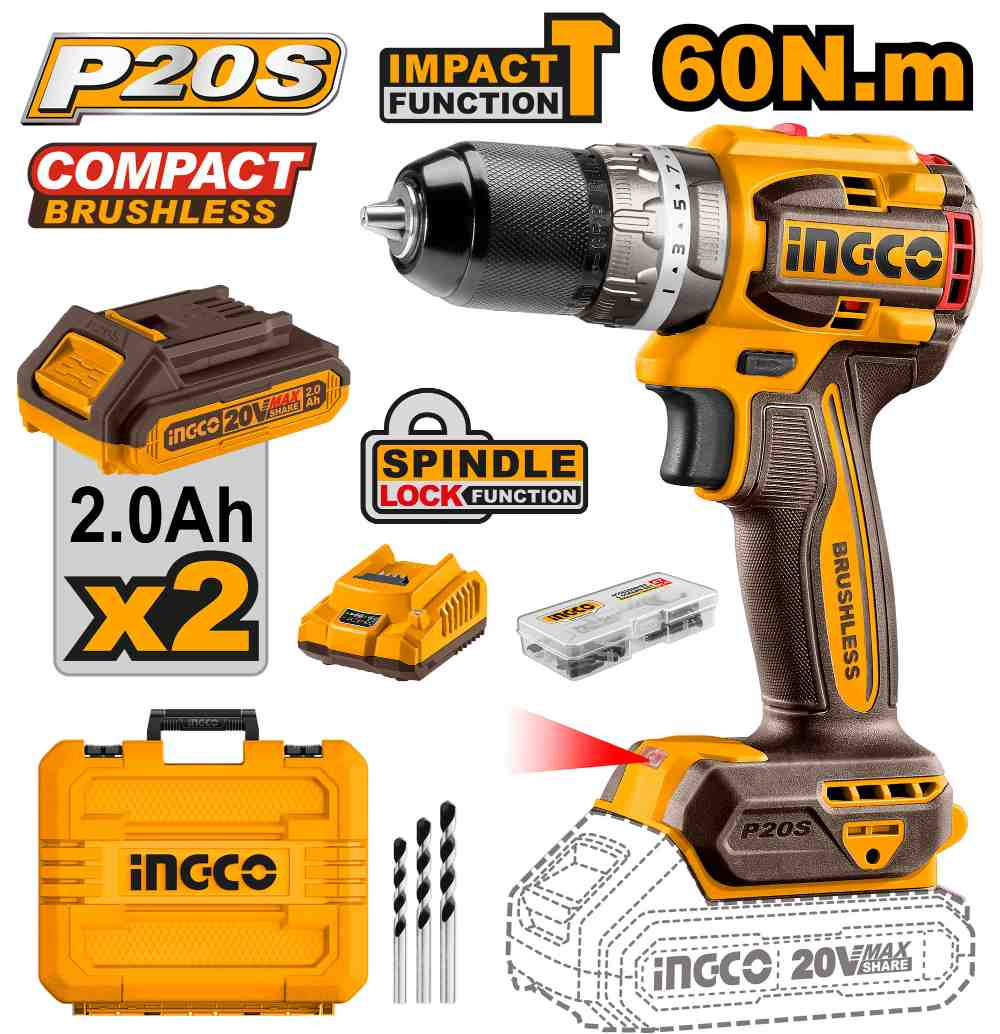 Compact Brushless Cordless Impact Drill - CIDLI20602E - INGCO
