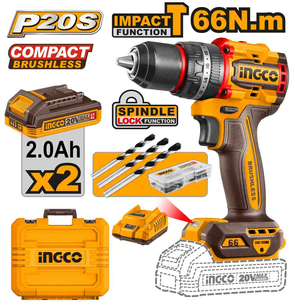 Compact Brushless Cordless Impact Drill - CIDLI20668E - INGCO