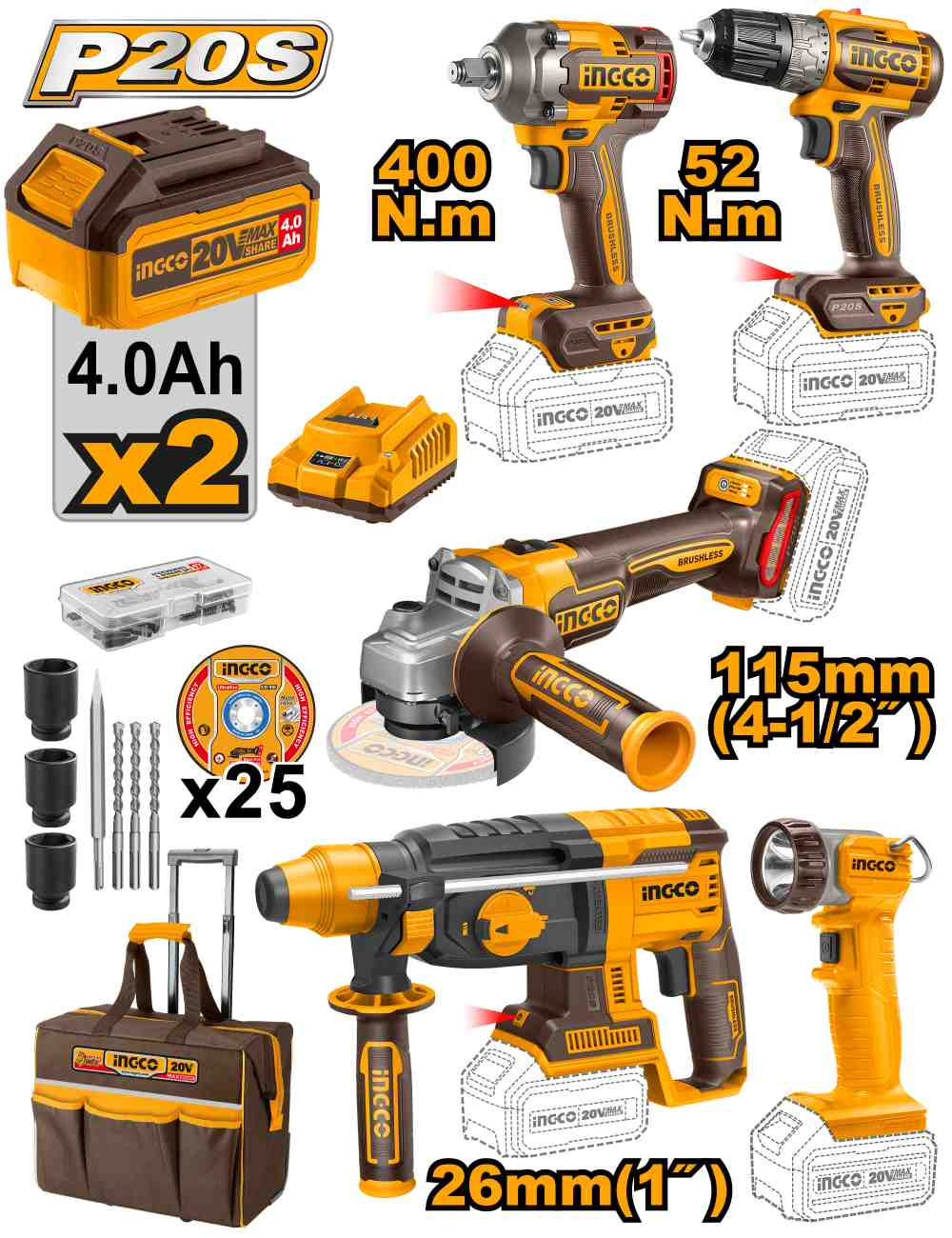 5 Pcs Cordless industrial combo kit - CKLI2058 - INGCO