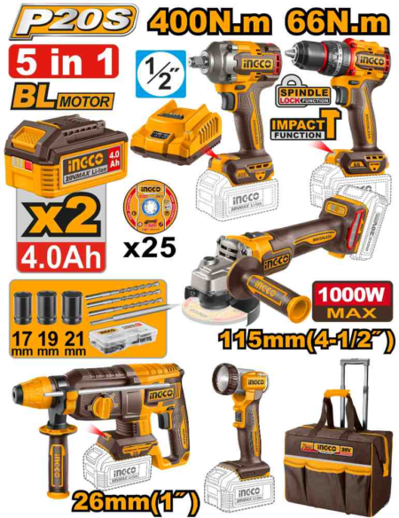 5 Pcs Cordless industrial combo kit - CKLI2059E - INGCO