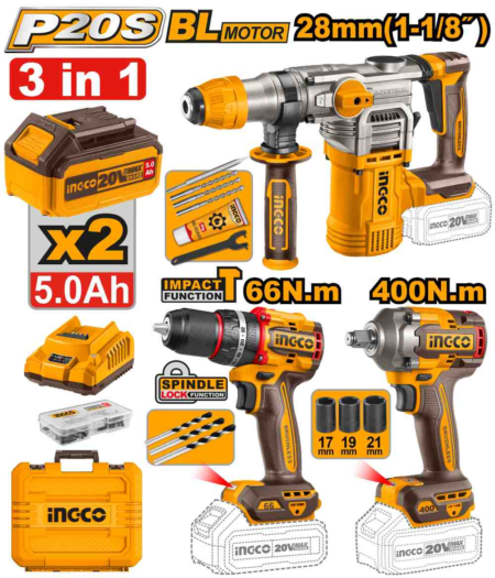 Cordless 3 pcs combo kit - CKLI20638E - INGCO