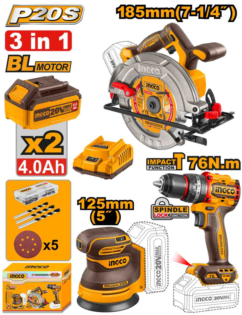 Cordless 3 Pcs Combo Kit - COSLI250181E - INGCO