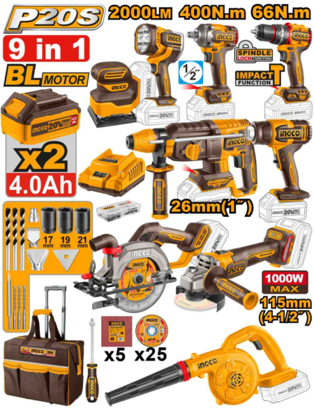 9 Pcs cordless industrial combo kit - COSLI250381E - INGCO