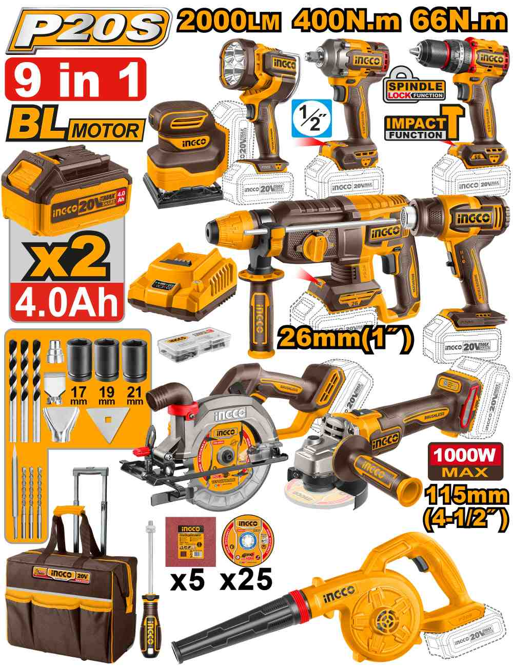 9 Pcs cordless industrial combo kit - COSLI250381E - INGCO