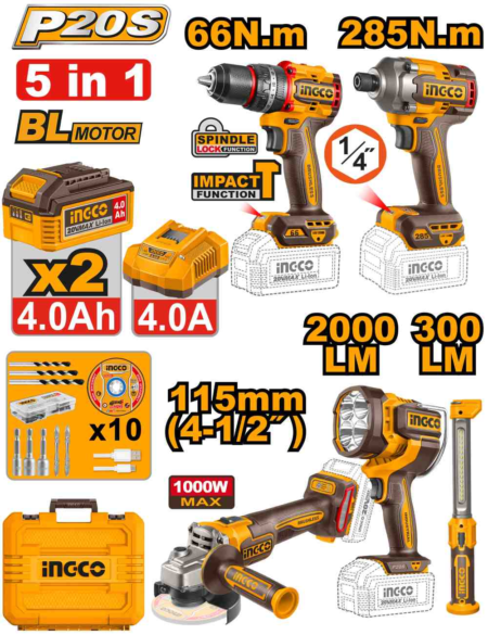 5 Pcs Cordless combo kit - COSLI250692E - INGCO
