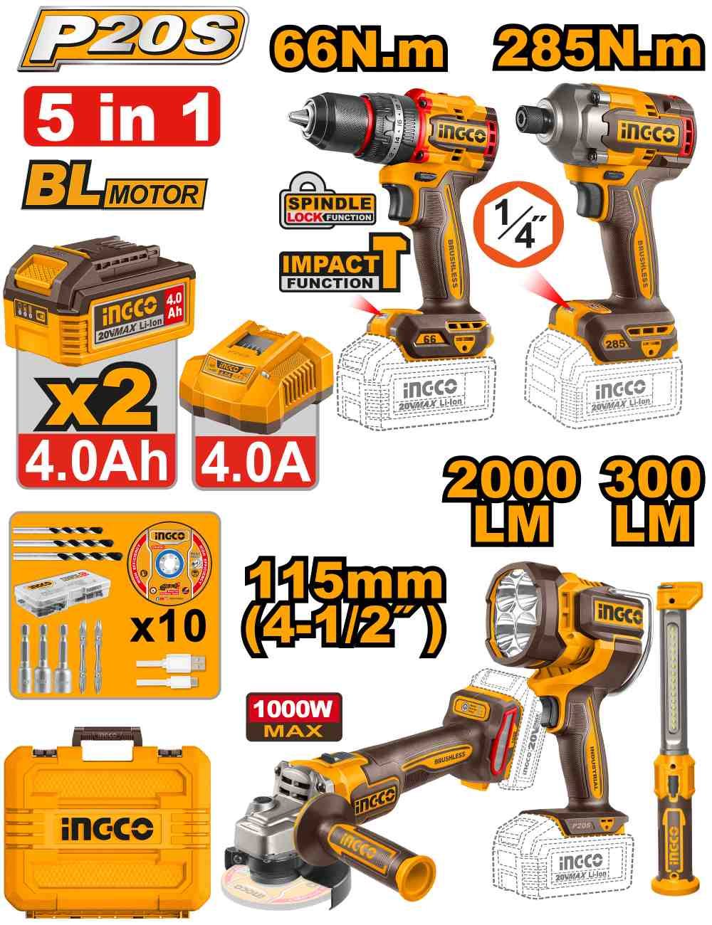 5 Pcs Cordless combo kit - COSLI250692E - INGCO