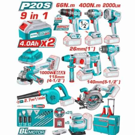 Σετ 9 τεμ εργαλείων μπαταρίας. Li-ion 20V με 2 μπαταρίες 4Αh - TOSLI250381E - Total
