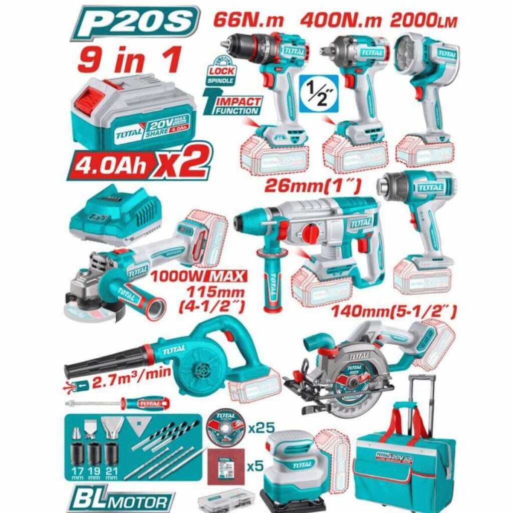 Σετ 9 τεμ εργαλείων μπαταρίας. Li-ion 20V με 2 μπαταρίες 4Αh - TOSLI250381E - Total