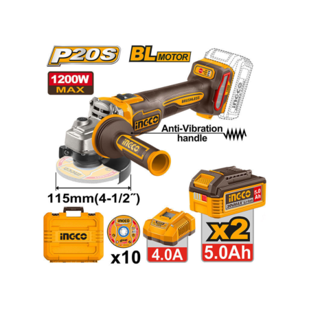 Γωνιακός Τροχός Μπαταρίας Brushless 20V με 2 μπαταριες 5Ah 115mm Li-Ion – CAGLI2120252 - Ingco