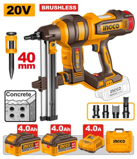 Καρφωτικό Μπετού, Concrete Nailer Μπαταρίας 20V set με μπαταρίες 2Αh - CCNLI9008E - Ingco