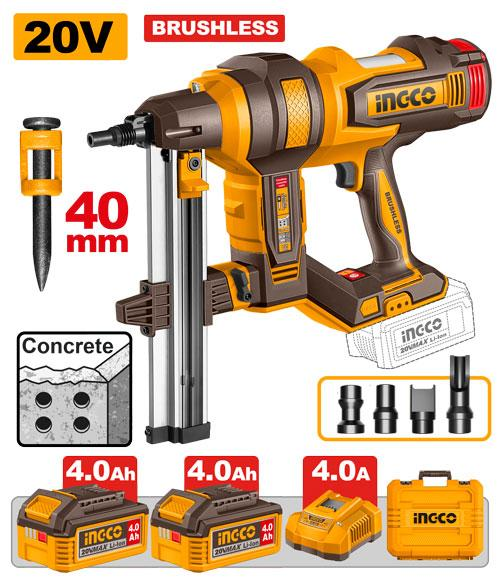 Καρφωτικό Μπετού, Concrete Nailer Μπαταρίας 20V set με μπαταρίες 2Αh - CCNLI9008E - Ingco